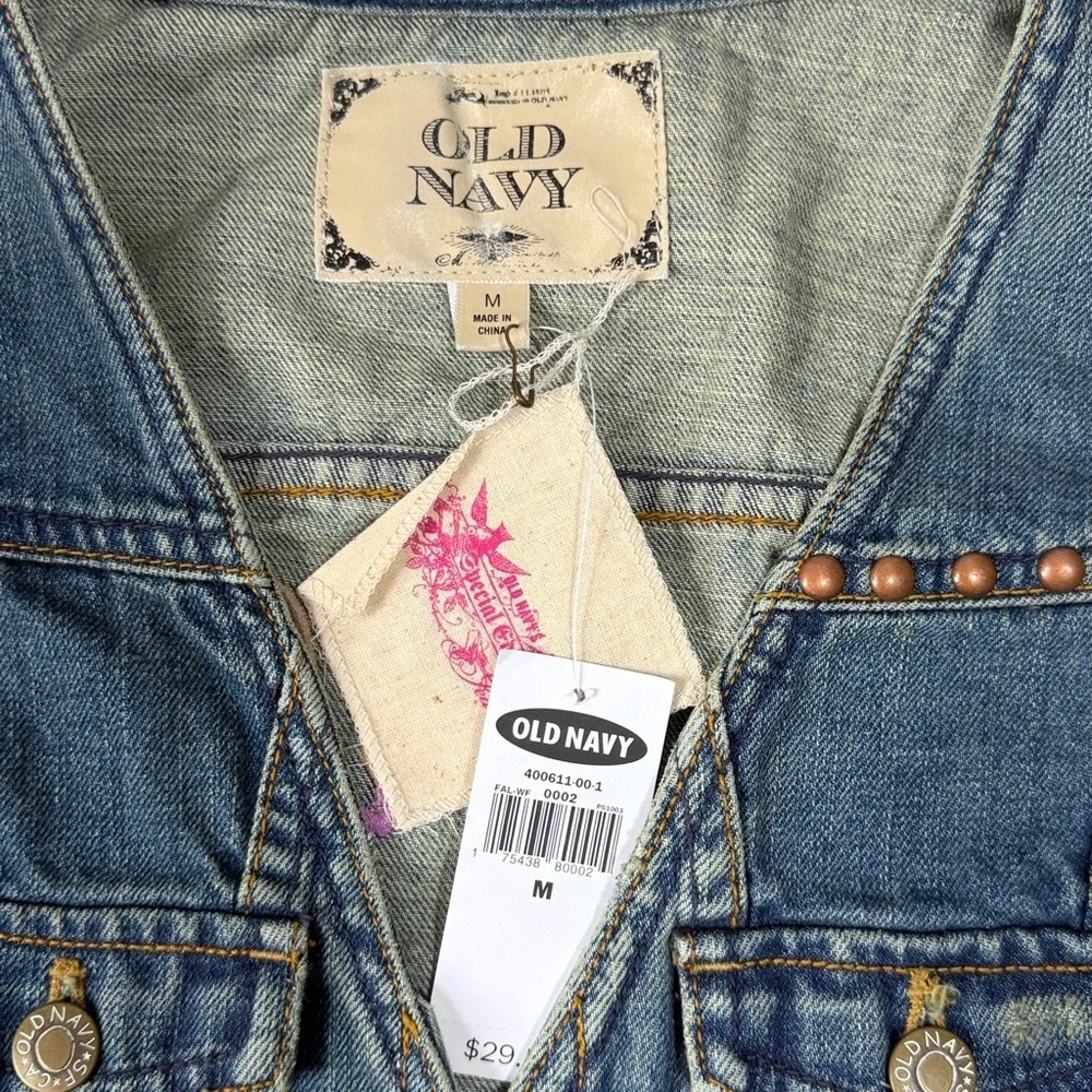 NWT vintage Old Navy denim jean boho feather distressed vest Medium 8 girls
